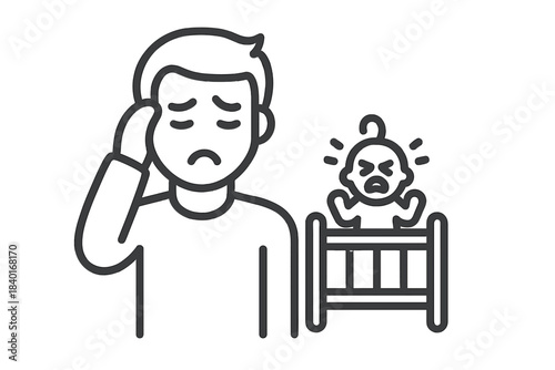 Exhausted parent suffering from stress and headache caused by a loud crying baby