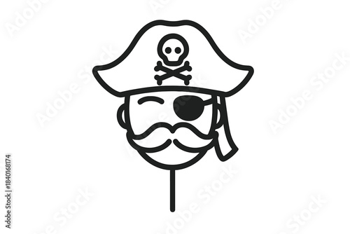 Minimalist black and white pirate face with eye patch and skull and crossbones hat