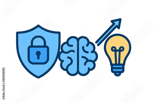 Digital security shield protecting the brain and generating creative ideas for business growth