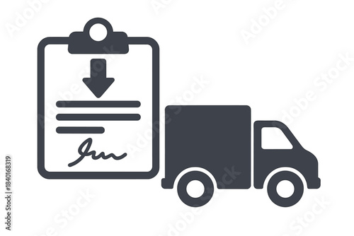 Delivery confirmation document on a clipboard next to a commercial shipping truck