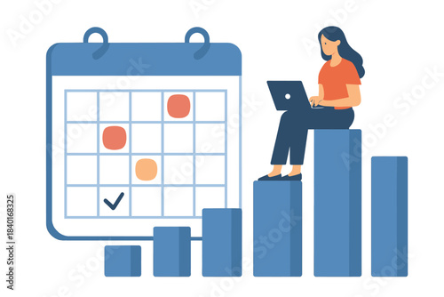 Woman managing schedule and tasks with laptop, large calendar, and bar chart columns
