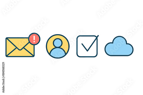 Essential user interface icons set: email, profile, confirmed checkbox, and cloud storage symbols
