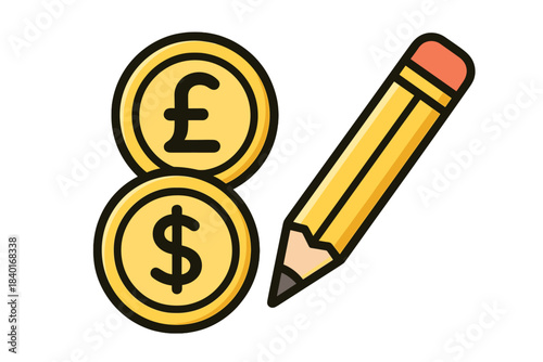 Dollar and pound currency symbols on golden coins paired with a yellow pencil icon