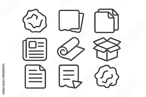 Line icons representing paper documents, crumpled waste, rolled material, and packaging box