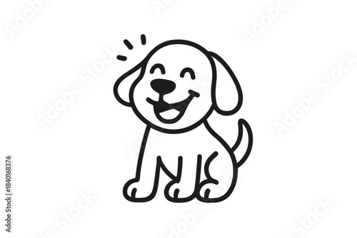 Adorable puppy dog sitting and smiling happily in simple black and white line art style