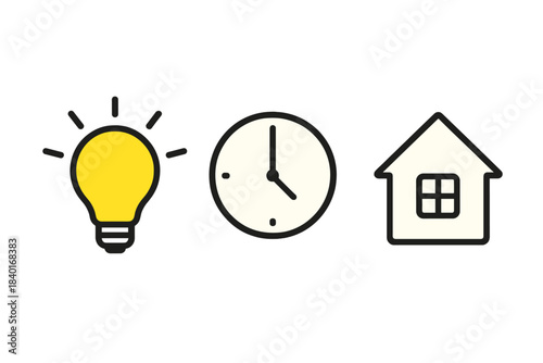Light bulb, clock, and house symbols for smart home and energy management concepts