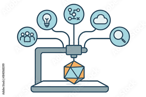 3D printer creating a complex geometric object linked to business strategy and data concepts