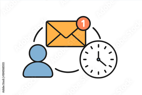 Digital concept showing user profile connected to message notification alert and clock icon