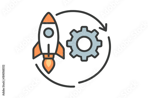 Rocket launch and gear mechanism symbolizing startup development, continuous improvement, and rapid business growth