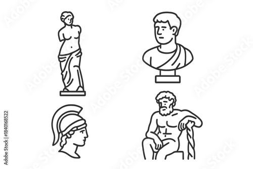 Ancient Greek and Roman sculptures set featuring Venus, busts, and mythological figures