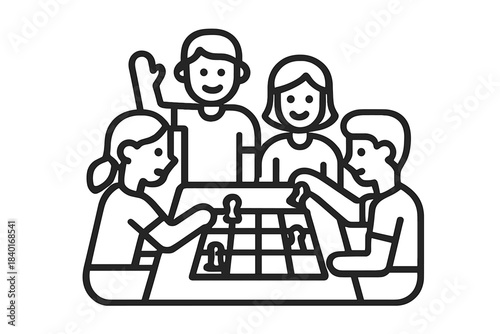 Four smiling friends playing a strategic board game together around a table indoors