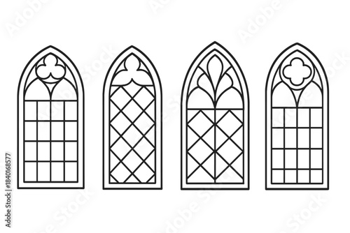 Four gothic arched with decorative tracery and geometric glass patterns