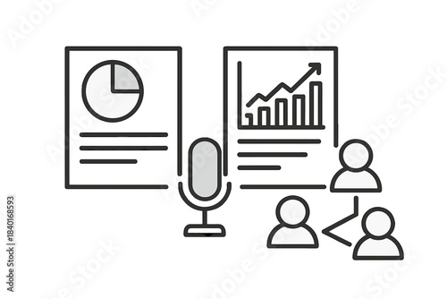 Digital business podcasting and data analysis concept showing audience networking and performance tracking