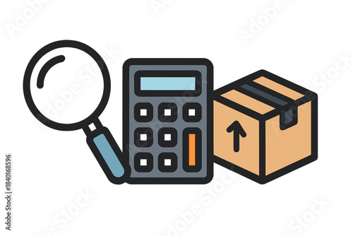 Set of business icons featuring a calculator, magnifying glass, and shipping box for financial planning and package tracking