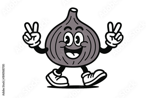 Retro style happy fig mascot character walking and giving the peace sign gesture