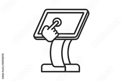 Interactive self-service kiosk terminal with hand touching the digital touchscreen display