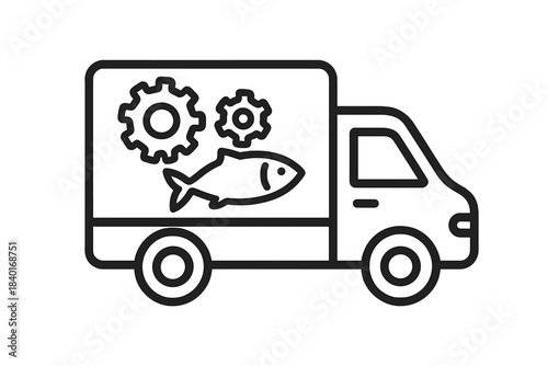 Delivery truck transporting fish with gears symbolizing industrial processing and logistics