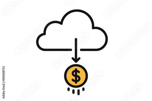 Digital cloud service revenue concept with dollar coin and downward arrow