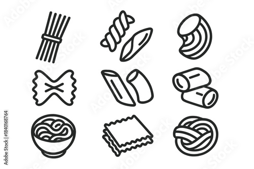 Collection of popular Italian pasta shapes spaghetti penne fusilli outline icons