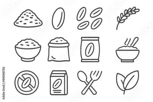 Outline symbols of grains, seeds, flour, packaged food, cutlery, and dietary restrictions