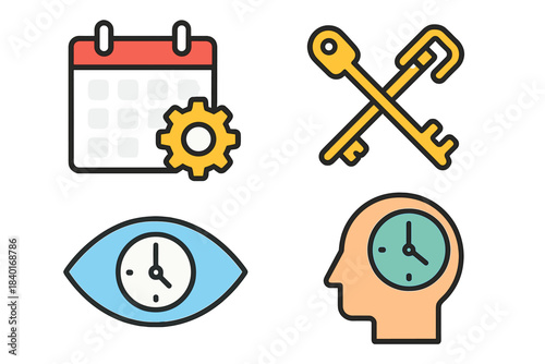 Conceptual symbols for business strategy, security, time management, and mental focus