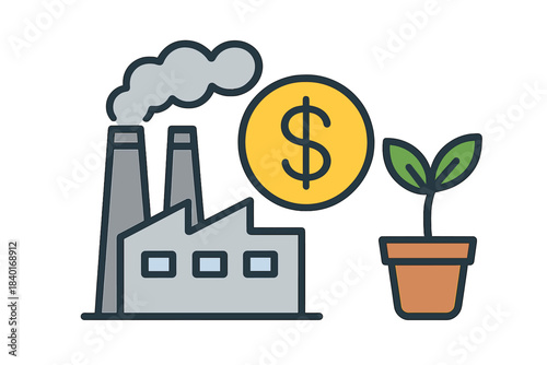 Industrial factory pollution next to a growing green plant and large dollar coin icon