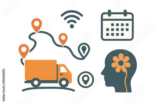 Optimized delivery route tracking, scheduling, and mental health management symbols