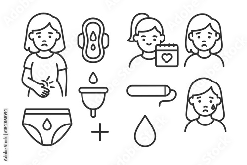 Minimal line icons depicting a woman experiencing period pain and essential feminine hygiene products
