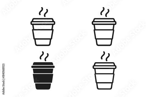 Collection of four hot coffee cup icons showing steam in both outline and solid versions