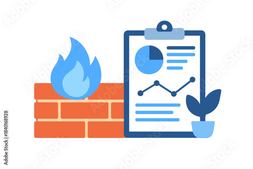 Protective brick wall firewall with blue flame icon and financial data report on clipboard