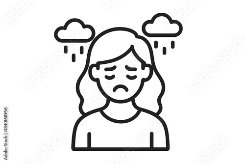 Sad woman experiencing depression or mental health issues with rain clouds overhead