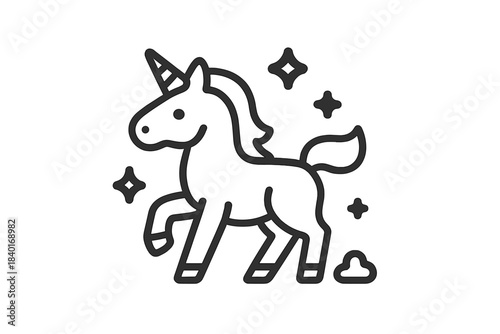 Cute mythical unicorn standing proudly with sparkling stars in simple black outline