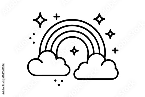 Simple outline rainbow arching over fluffy clouds with sparkling elements