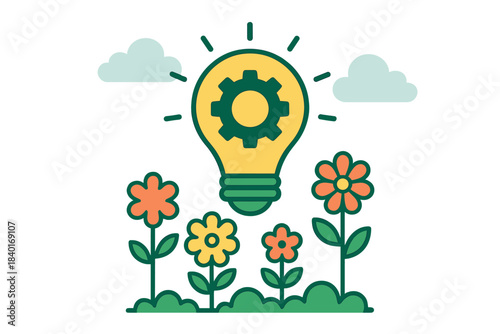Glowing lightbulb with internal gear mechanism planted in a blooming flower garden