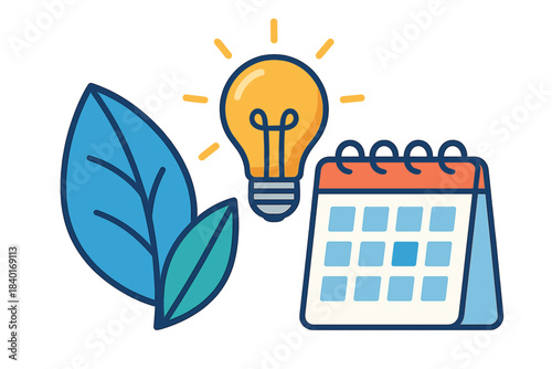 Sustainable planning concept with glowing lightbulb, natural leaves, and desk calendar icon