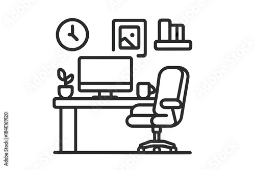 Professional workspace setup featuring desktop computer, ergonomic chair, and accessories