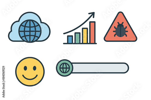 Digital business icons set showing global network data growth and security threats