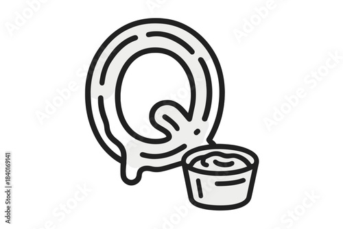 Monochrome stylized icon of a crispy fried onion ring with dripping sauce and a side cup of dip