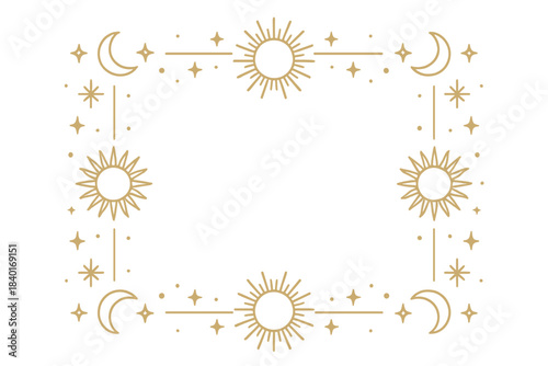 Celestial golden frame border with sun, crescent moon, and sparkling stars