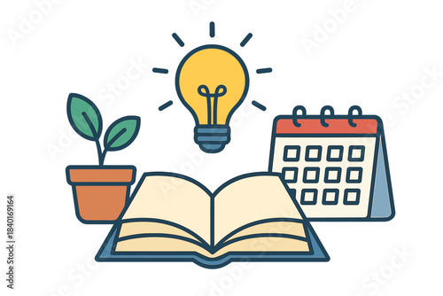 Open book, glowing light bulb, calendar, and potted plant symbolizing knowledge and growth