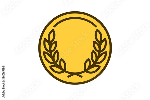 Golden medal or coin icon with laurel wreath design for achievement and success