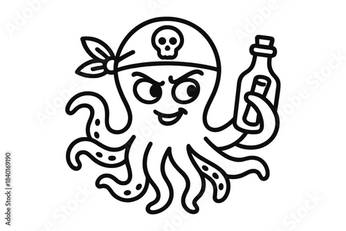 Simple black and white line drawing of a mischievous octopus character dressed as a pirate
