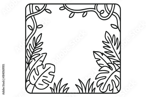 Simple black outline frame border with tropical jungle leaves and wild vines surrounding central copy space