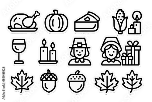 Traditional Thanksgiving holiday icons featuring turkey, pumpkin pie, pilgrims, and autumn harvest elements