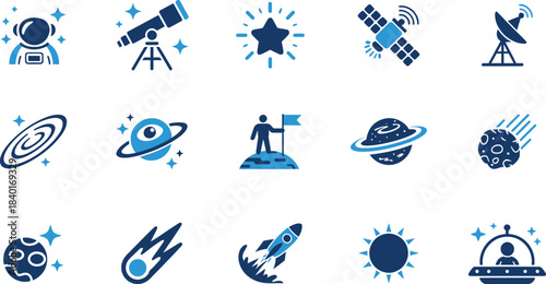 A comprehensive set of astronomy and space exploration icons.