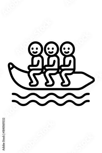Group of three smiling people enjoying a thrilling ride on an inflatable banana boat water sport