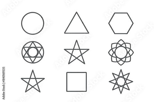 Outline icons of fundamental geometric figures and spiritual sacred geometry patterns