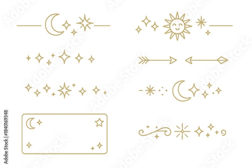 Minimalist celestial dividers and borders with sun, moon, and sparkling stars in golden line art