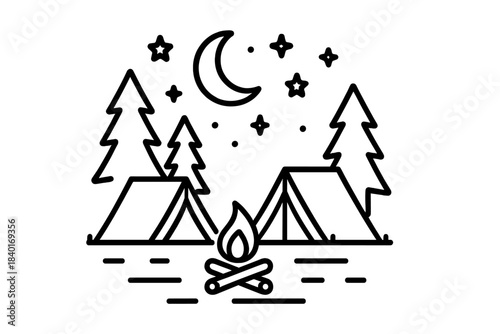 Nighttime campsite scene with tents, pine trees, and a blazing campfire under the moon and stars