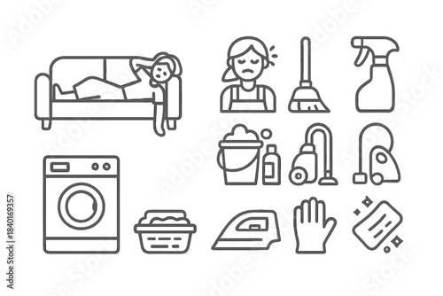 Domestic cleaning, laundry, and housekeeping tasks with fatigue symbols